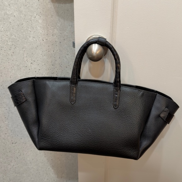 Nancy Gonzalez Handbags - Nancy Gonzalez Black Pebbled Leather Tote Crocodile Trim Top Handle Bag